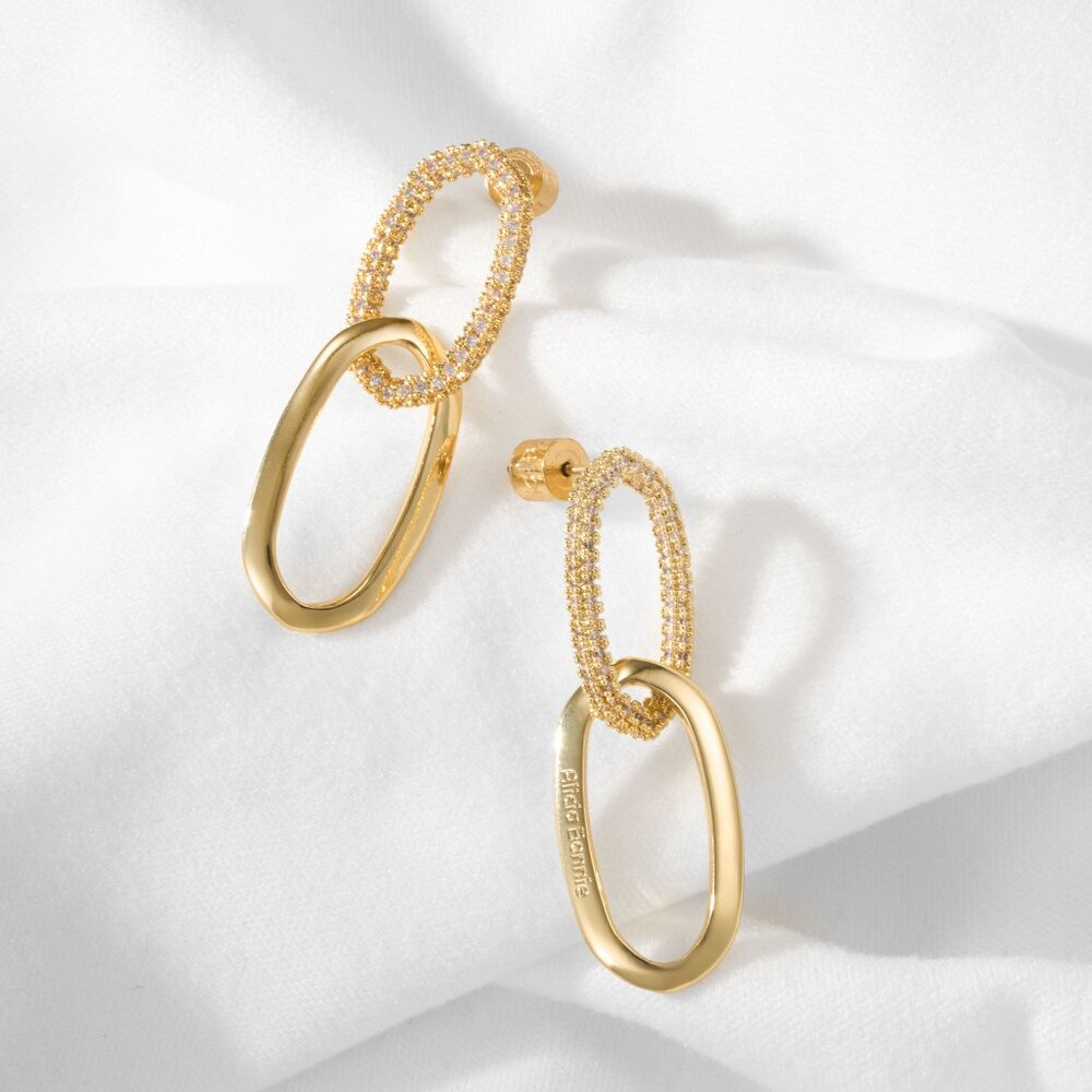 Alicia Bonnie Sparkly Zirconia Crystal Gold Link Oval Drop Earrings
